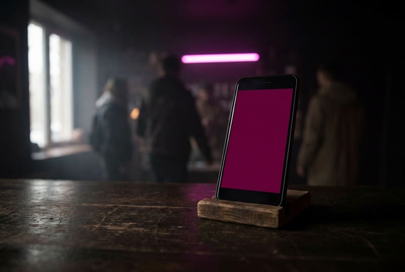 Un celular sobre una mesa de madera, con personas desenfocadas al fondo