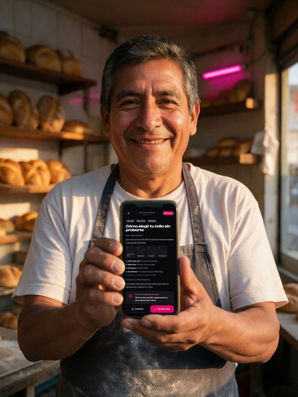 Un panadero muestra orgulloso en su celular la idea del plan, con el dato de mercado que la respalda