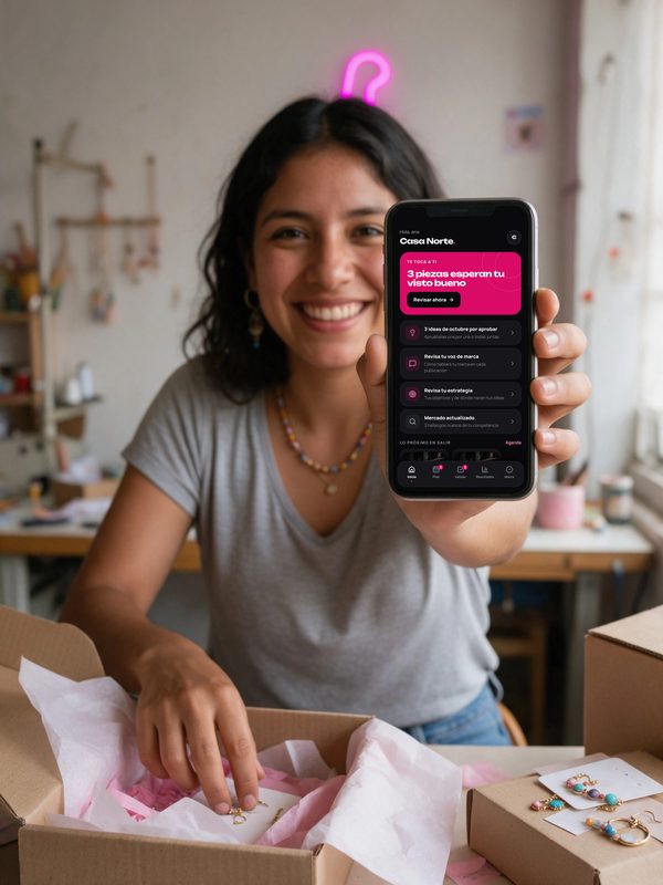 Una emprendedora que empaca pedidos en su taller muestra en el celular lo que le toca revisar en Partners