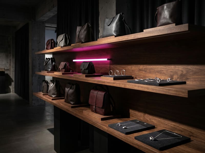 Carteras de cuero y joyería en repisas oscuras