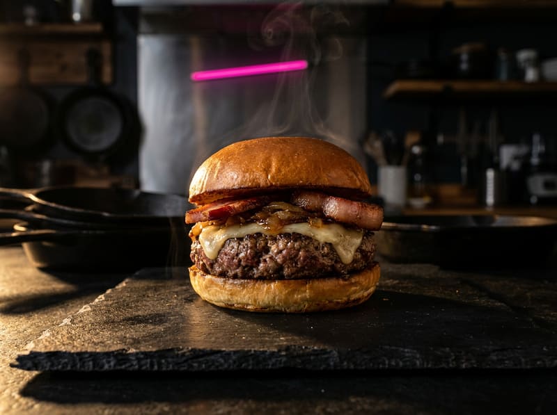 Hamburguesa gourmet sobre una tabla de pizarra