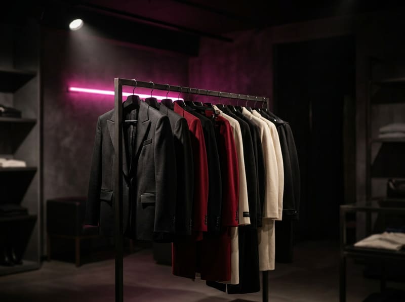 Prendas de vestir en una boutique, iluminadas como en una producción de moda
